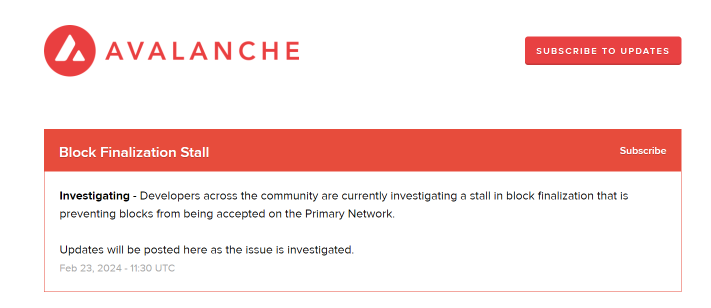 Avalanche开发者正调查主网上的重大中断问题